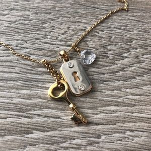 Juicy Couture Gold and Silver Key & Lock Charm Necklace with Clear Crystal